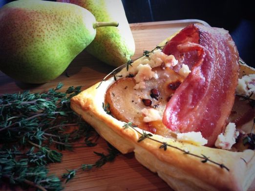 Savory pear tart with bacon and cranberry cheese